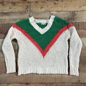 Moon River Chunky Knit Long Sleeve V-Neck Sweater in White Green Neon Pink -XS